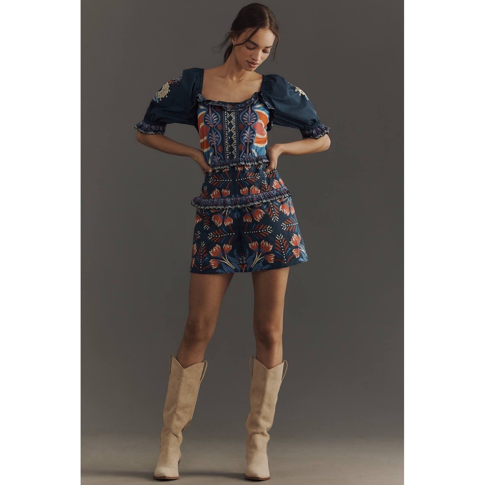 Farm Rio x Anthropologie Puff Sleeve Ruffled Floral Romper S Blue Boho Chic NWT